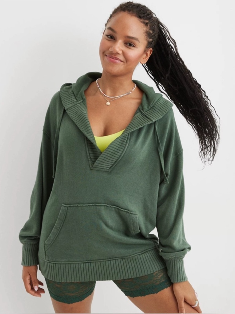 Aerie Down-To-Earth Henley Hoodie in Green